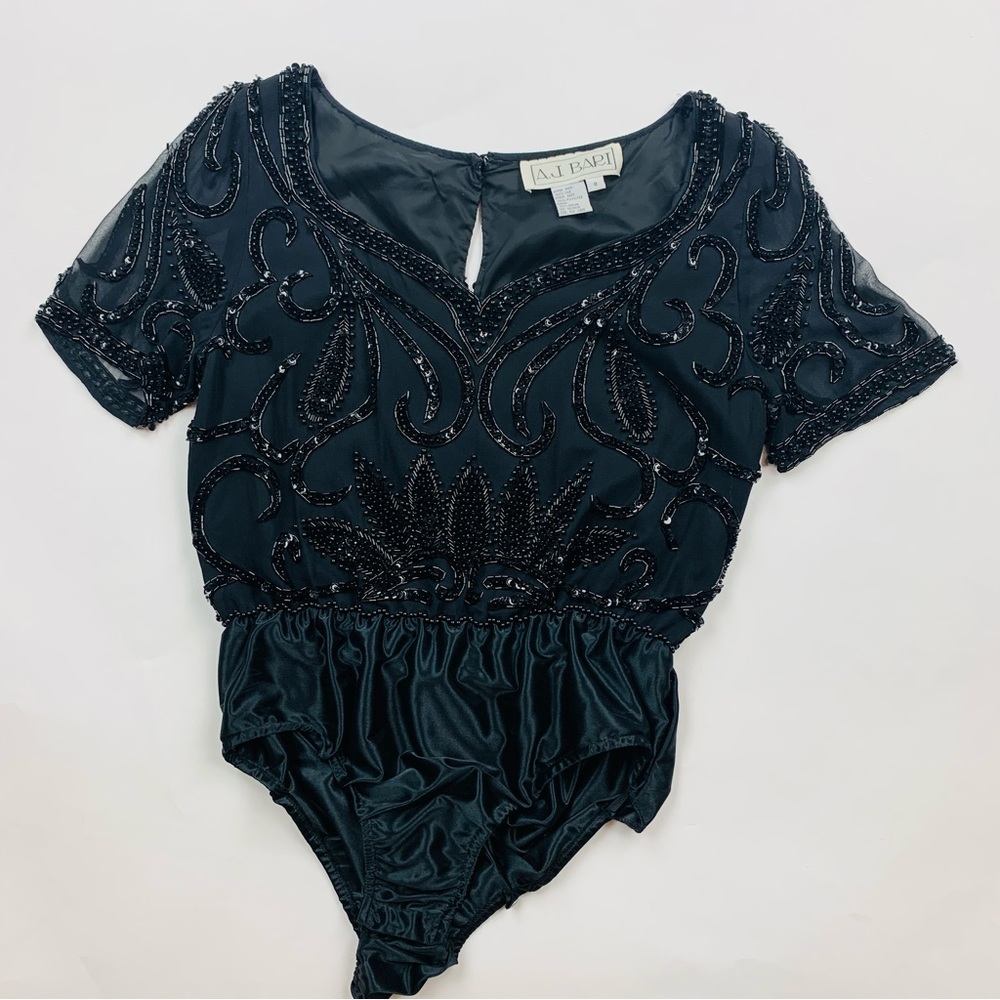 Vintage A.J. Bari Black Silk Beaded Bodysuit Top Sz 8